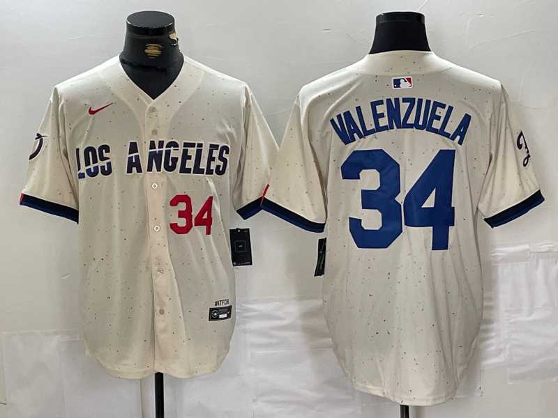 Mens Los Angeles Dodgers #34 Toro Valenzuela Number Cream 2024 City Connect Limited Stitched Jersey